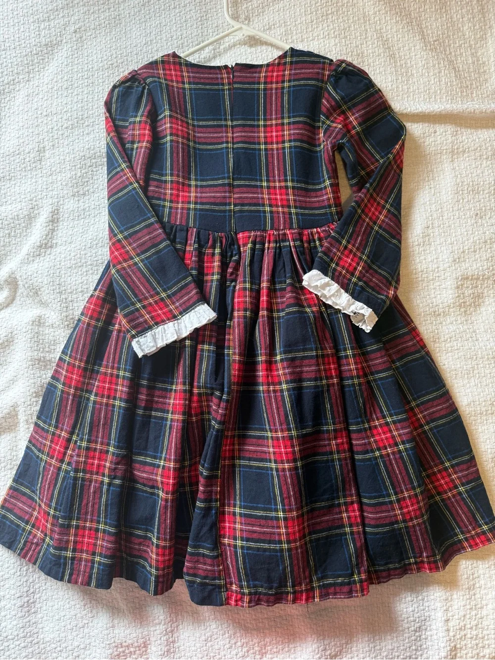 Girls Navy and Red Plaid Formal Dress with White Bib and Gold Buttons